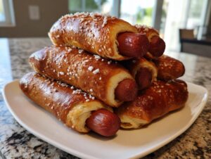 A stack of homemade pretzel dogs, featuring sausages wrapped in shiny, brown pretzel dough and topped with coarse salt.