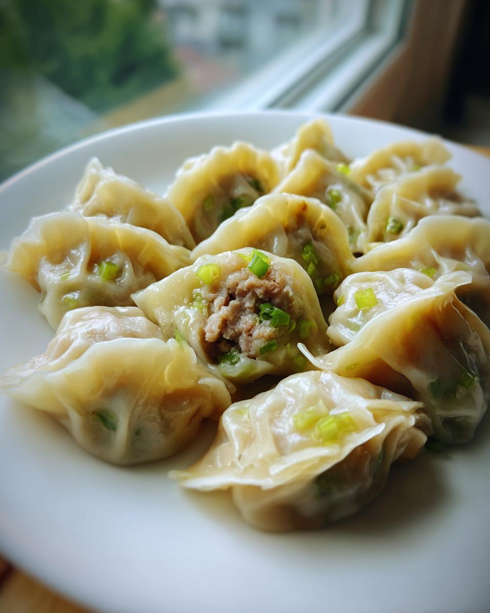 A plate of freshly steamed Traditional Chinese Dumplings, one showing a savory meat and scallion filling.