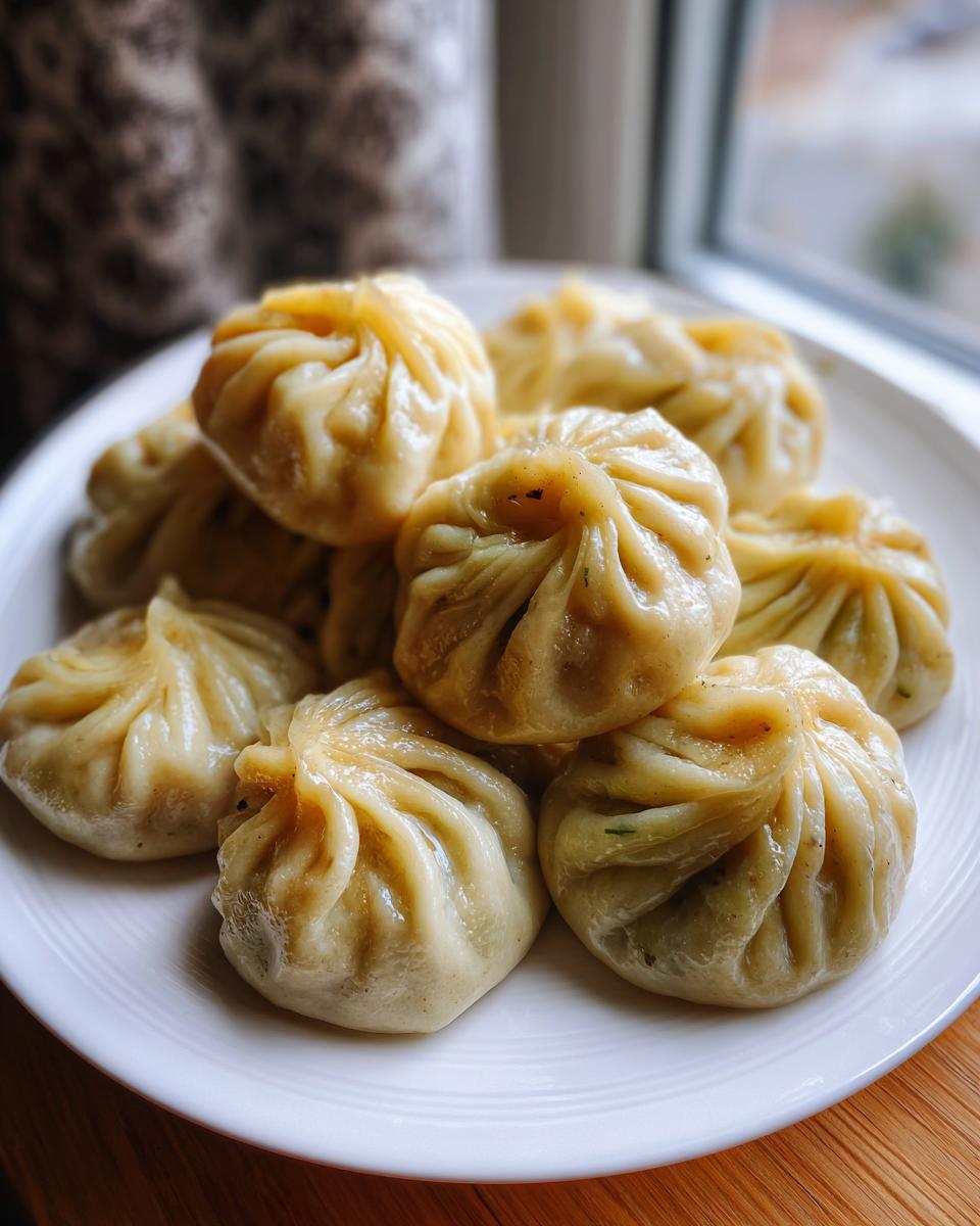 A close-up of several freshly steamed Traditional Chinese Dumplings piled on a white plate.