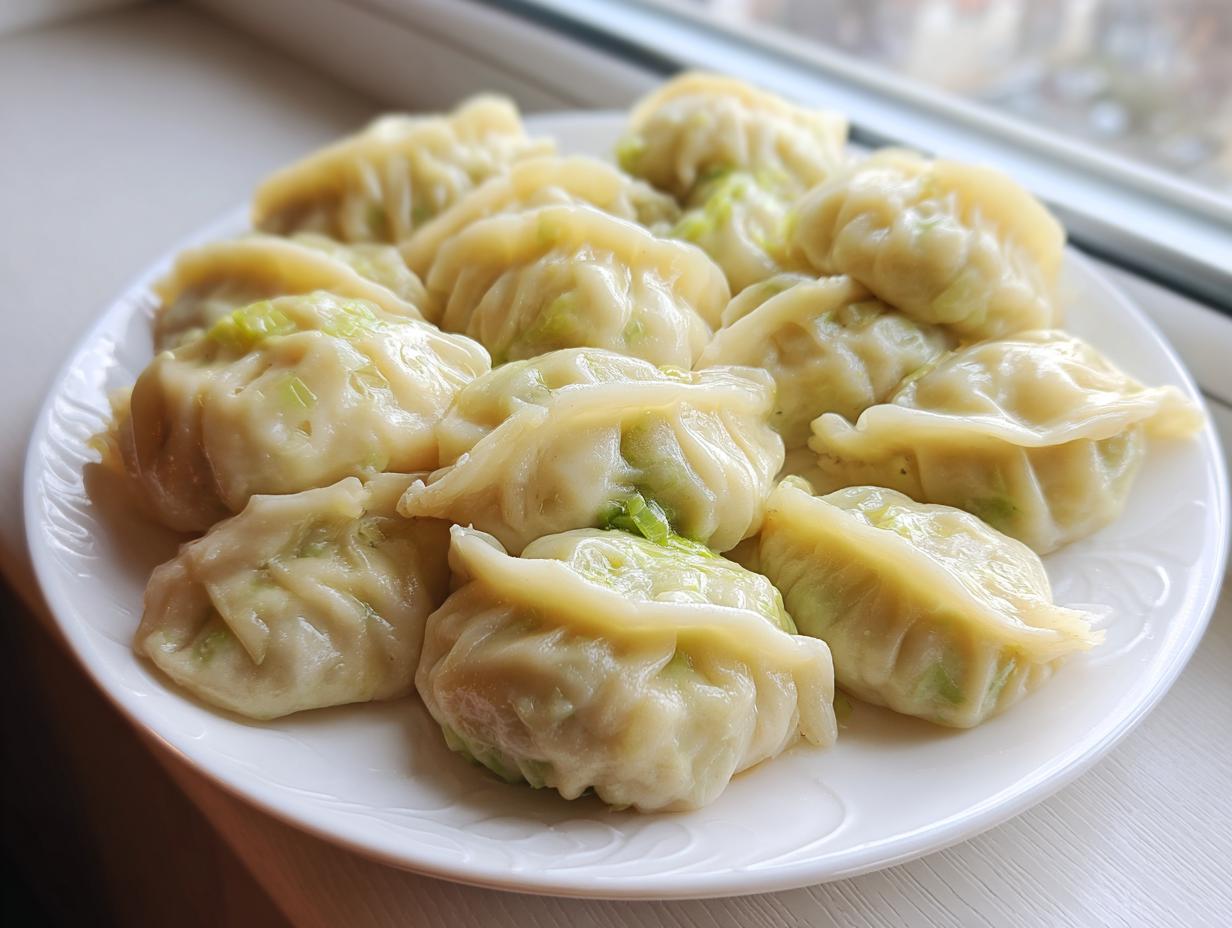 A plate piled high with freshly steamed Traditional Chinese Dumplings showing a visible green cabbage filling.