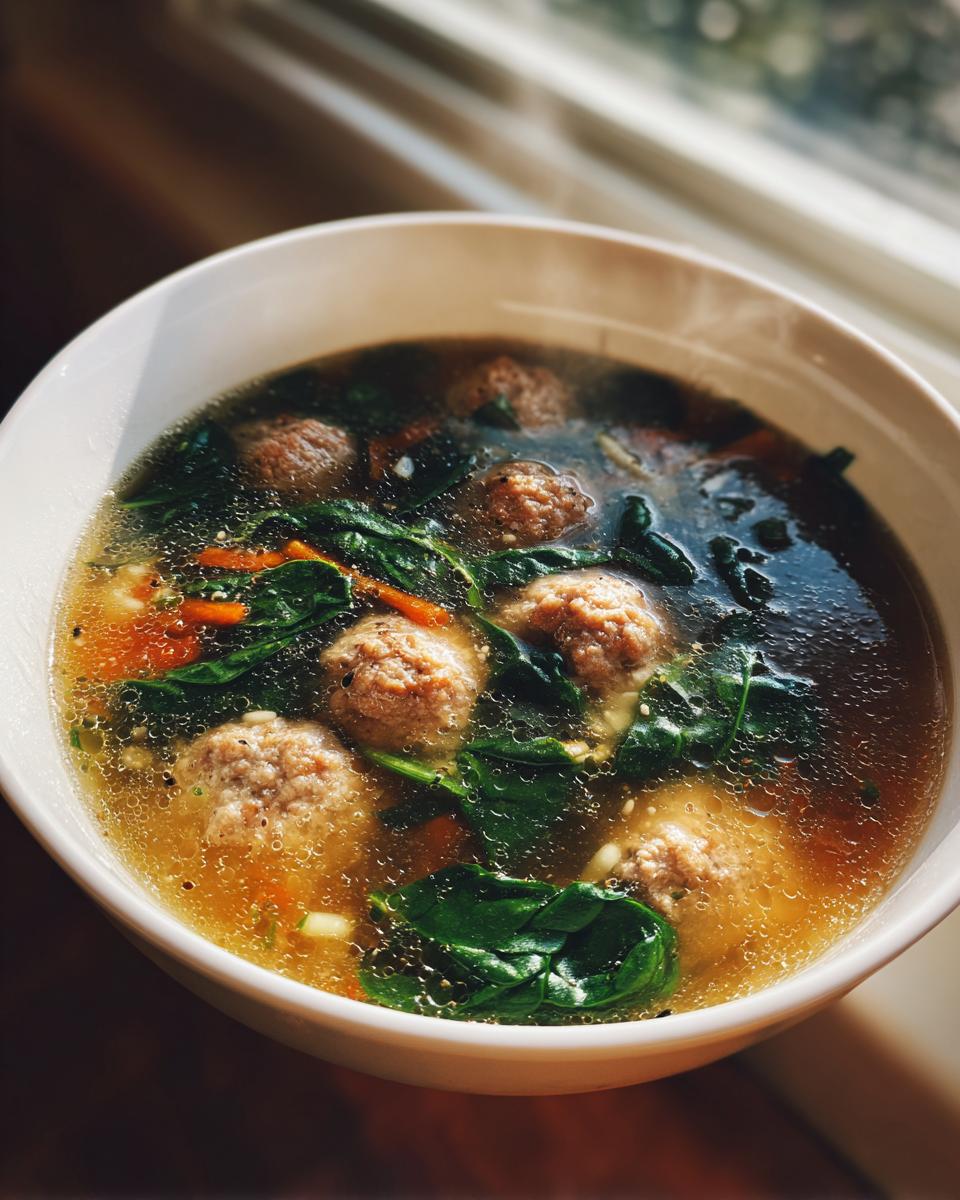 A close-up of a steaming white bowl filled with rich broth, small meatballs, spinach, and carrots, representing wedding soup.