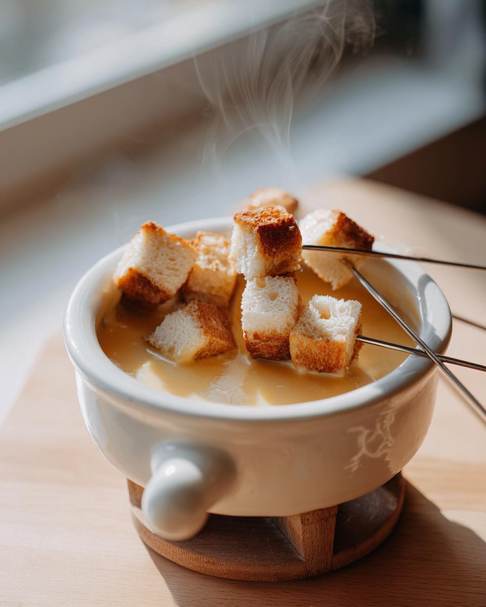 Close-up of a white pot of hot, steaming cheese Fondue with toasted bread cubes being dipped by fondue forks.