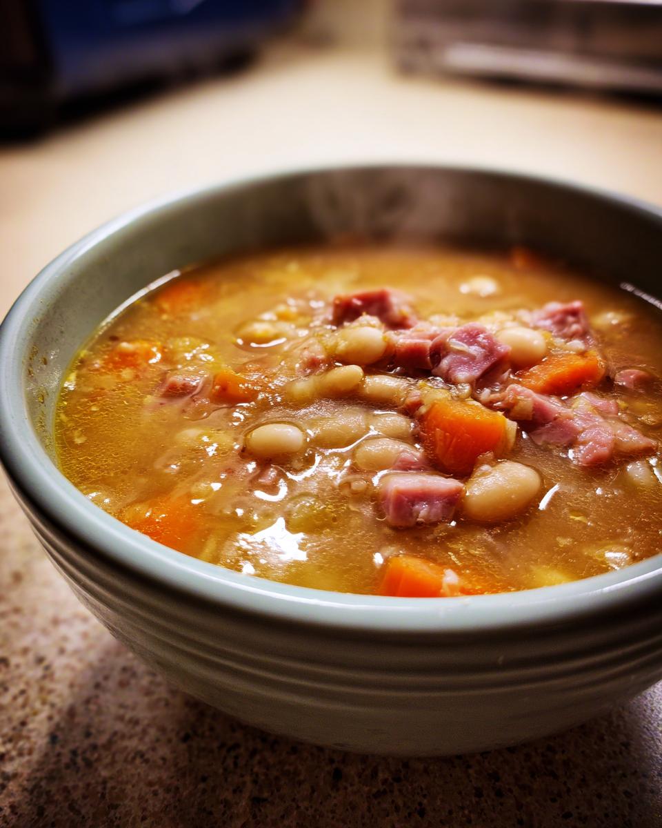 Close-up of a steaming bowl of hearty Ham and Bean Soup with visible chunks of ham and carrots.