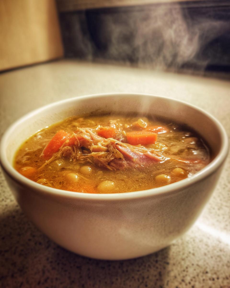 Close-up of a steaming white bowl filled with rich Ham and bean soup, showing shredded ham and chunks of carrot.