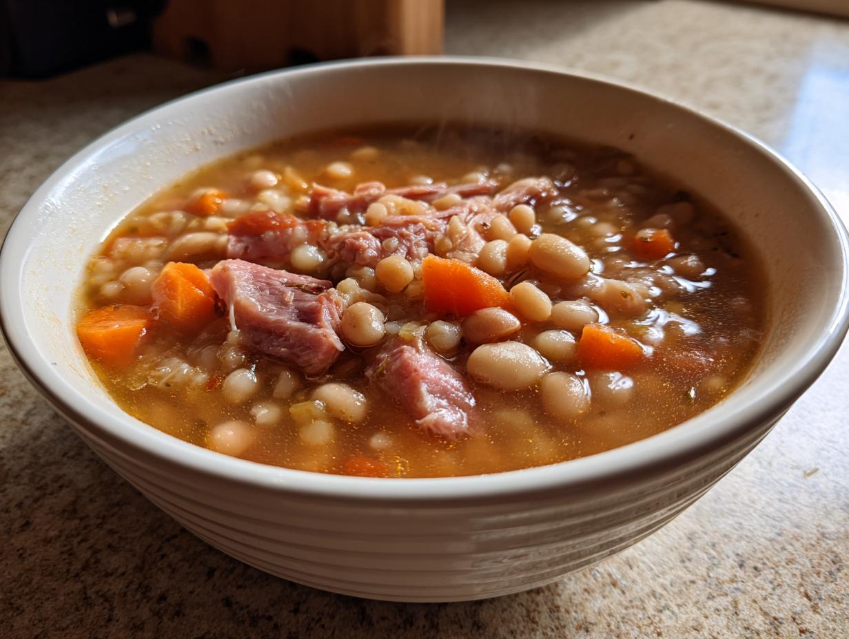 Close-up of a steaming white bowl filled with hearty Ham and Bean Soup, featuring white beans, chunks of ham, and carrots.