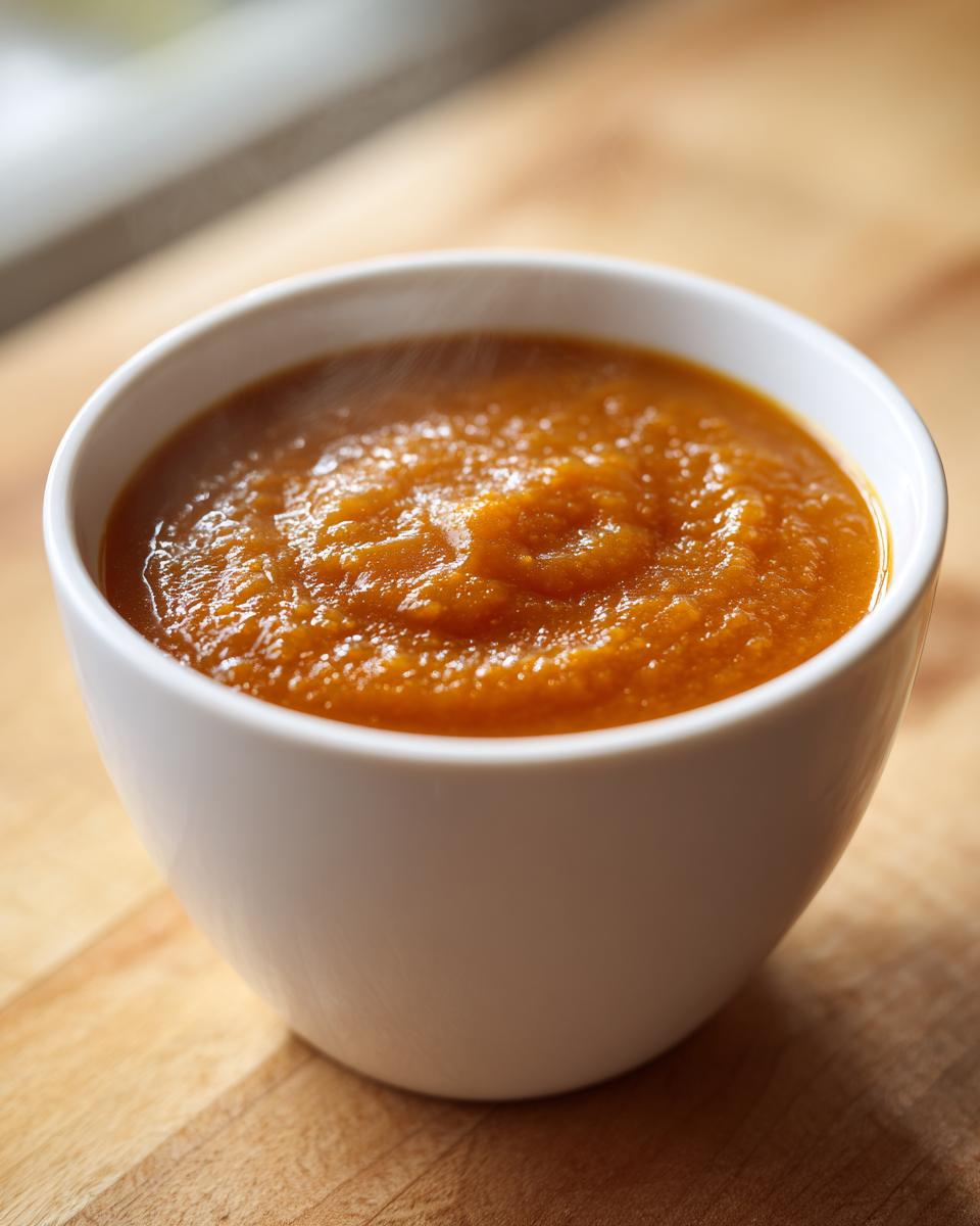 Close-up of a steaming white bowl filled with vibrant orange roasted butternut squash soup on a wooden surface.