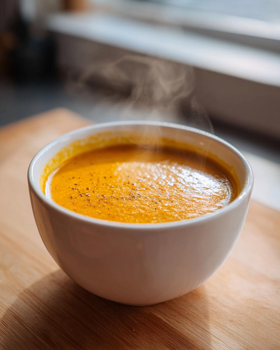 A white bowl filled with hot, vibrant orange roasted butternut squash soup, steaming gently.