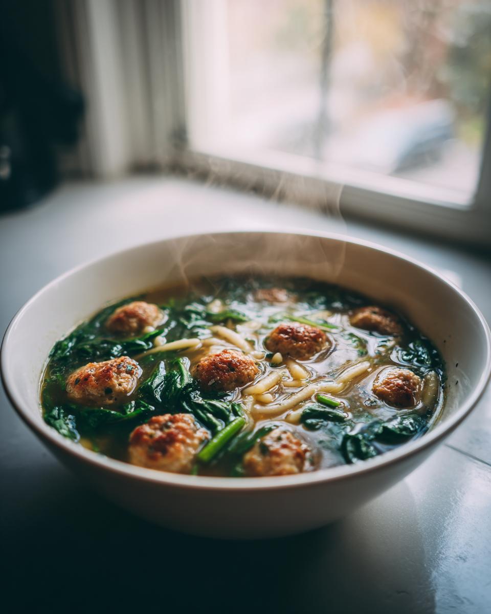 A close-up of a steaming white bowl filled with amazing wedding soup, featuring small meatballs, spinach, and pasta.