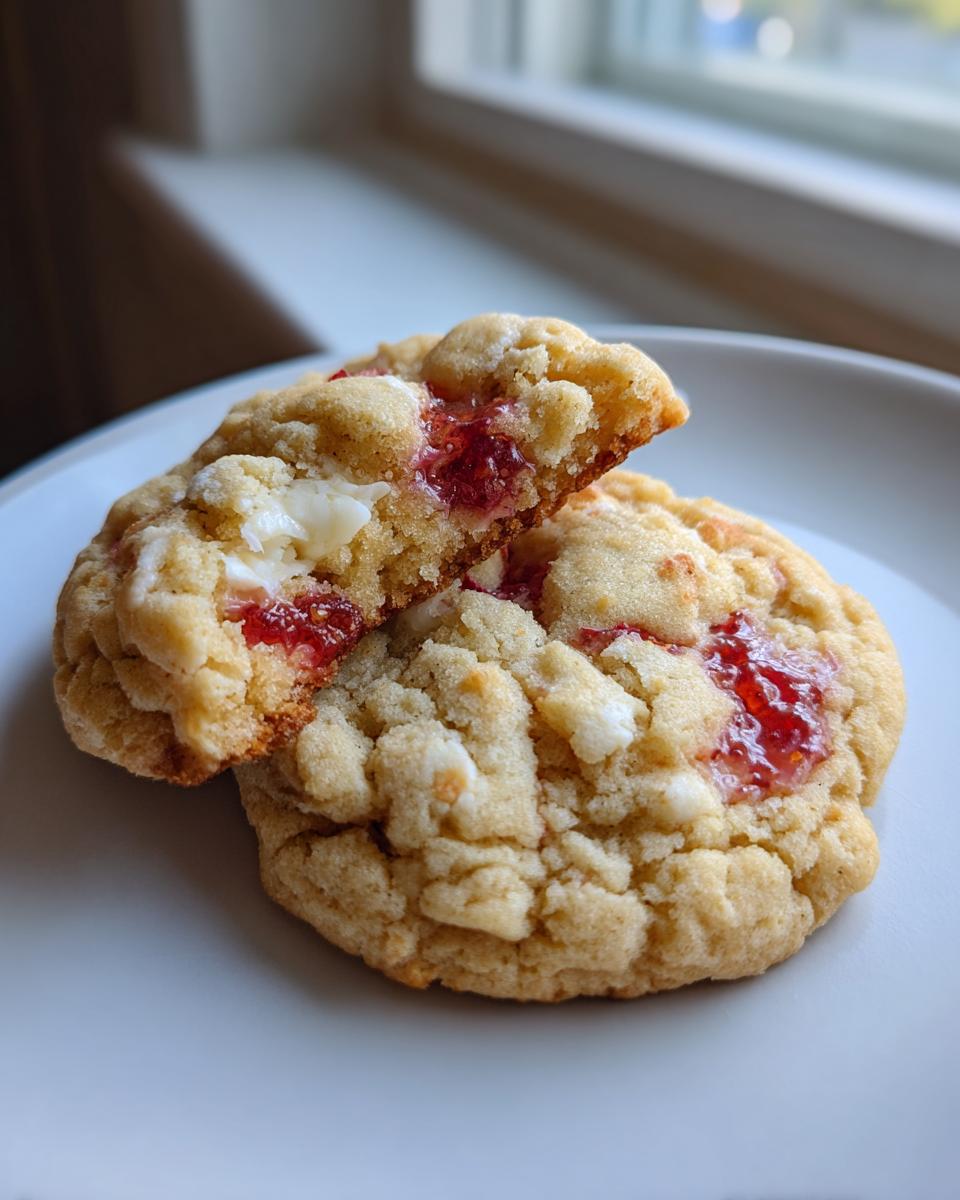 Two soft, thick strawberry cheesecake cookies on a white plate, one broken open showing jam and white chocolate.
