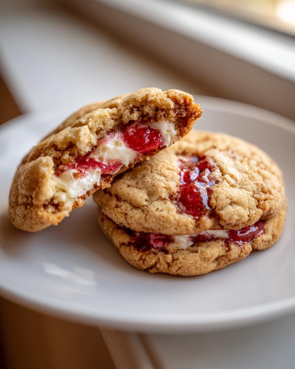 Two strawberry cheesecake cookies stacked, one broken open revealing creamy filling and strawberry jam.