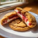 Close-up of two halves of a strawberry cheesecake cookie showing the creamy filling and strawberry jam.