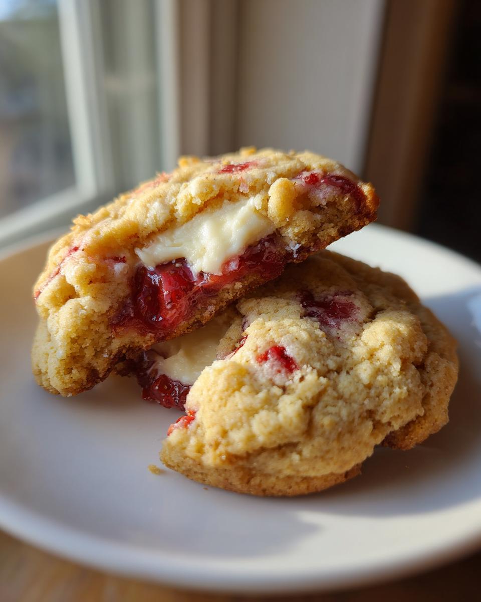 Close-up of strawberry cheesecake cookies broken in half showing gooey cream cheese center and strawberry pieces.