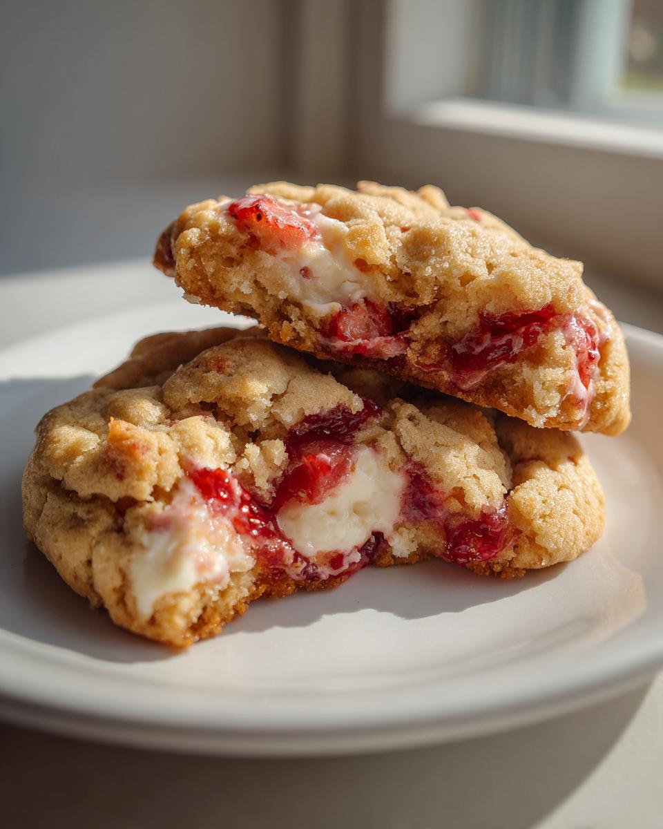 Two halves of a soft strawberry cheesecake cookies stacked, revealing a gooey cream cheese center and strawberry filling.