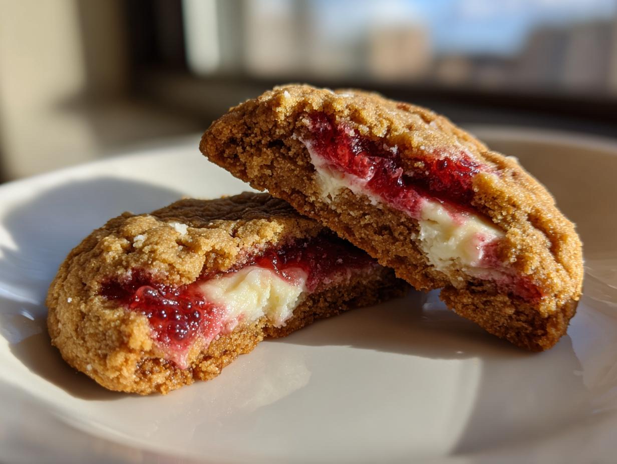 A close-up view of a strawberry cheesecake cookie cut in half, revealing a creamy white filling and bright red strawberry jam center.