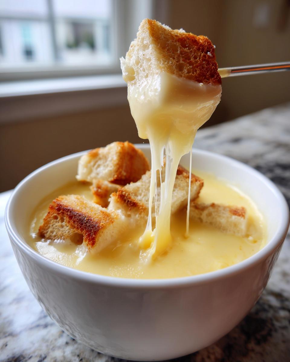A piece of toasted bread is lifted from a white bowl of creamy cheese fondue, showing long, stretchy cheese pulls.