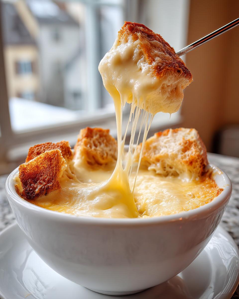 A piece of toasted bread is lifted from a white bowl of hot cheese fondue, showing long, gooey cheese pulls.