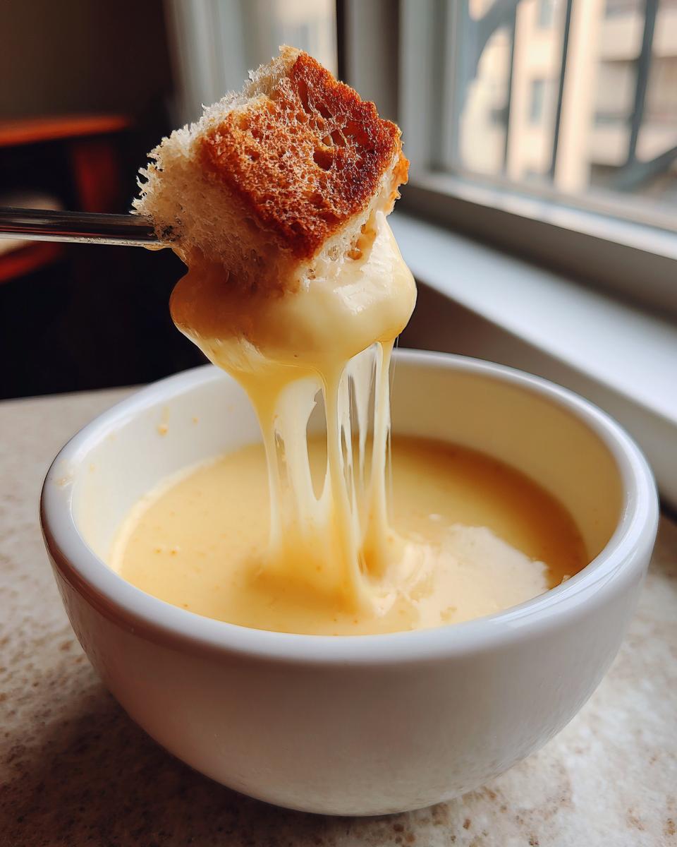 A piece of toasted bread dipped into a white bowl of hot, stretchy cheese fondue.