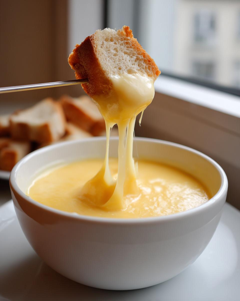 A piece of bread on a fondue fork being dipped into creamy, stretchy cheese fondue in a white bowl.