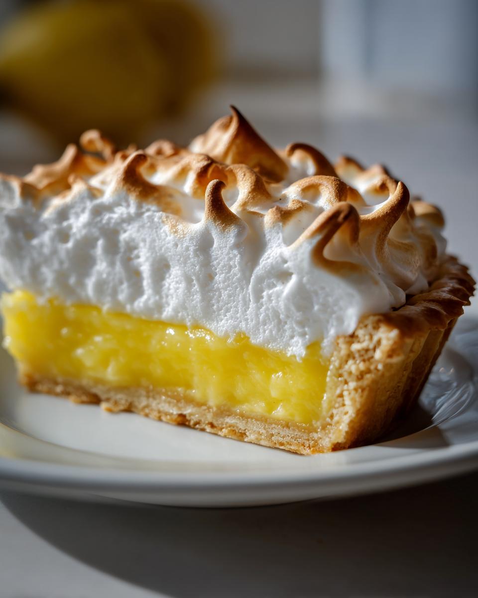 Close-up of a perfect slice of lemon meringue pie showing bright yellow filling and torched meringue peaks.