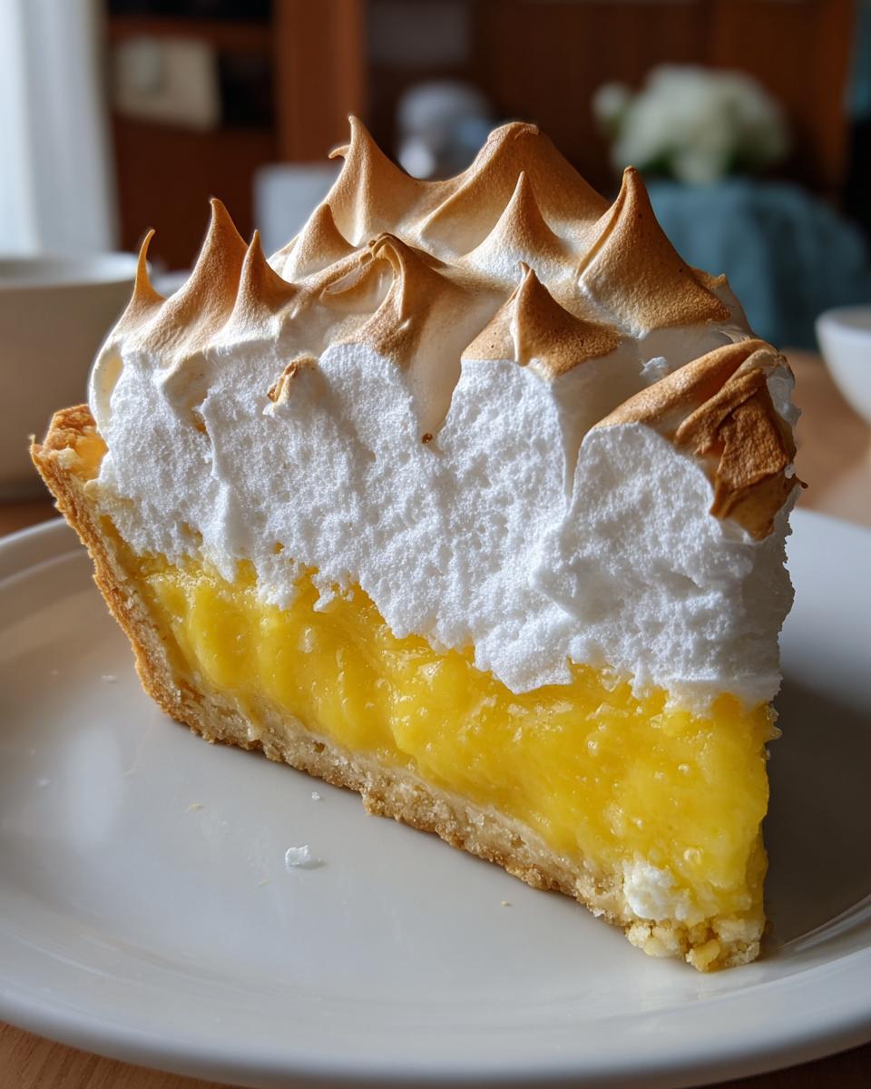 A tall, perfect slice of lemon meringue pie showing bright yellow filling and high, toasted meringue peaks.