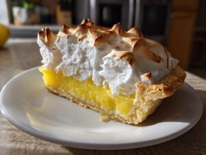 A tall, perfect slice of lemon meringue pie showing bright yellow filling and fluffy, toasted meringue.
