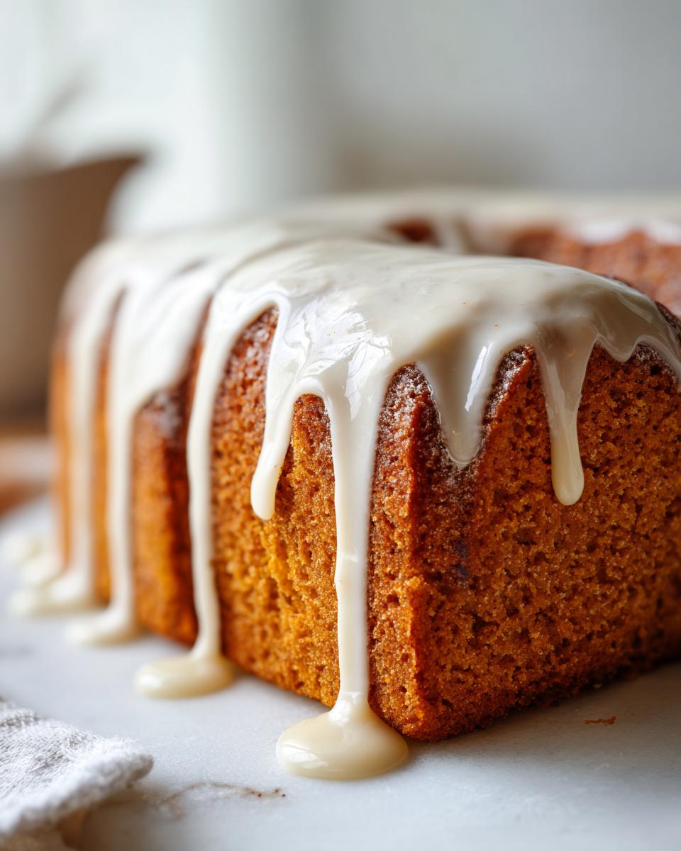 Close-up of a slice of rich orange sweet potato pound cake topped with thick, dripping vanilla glaze.
