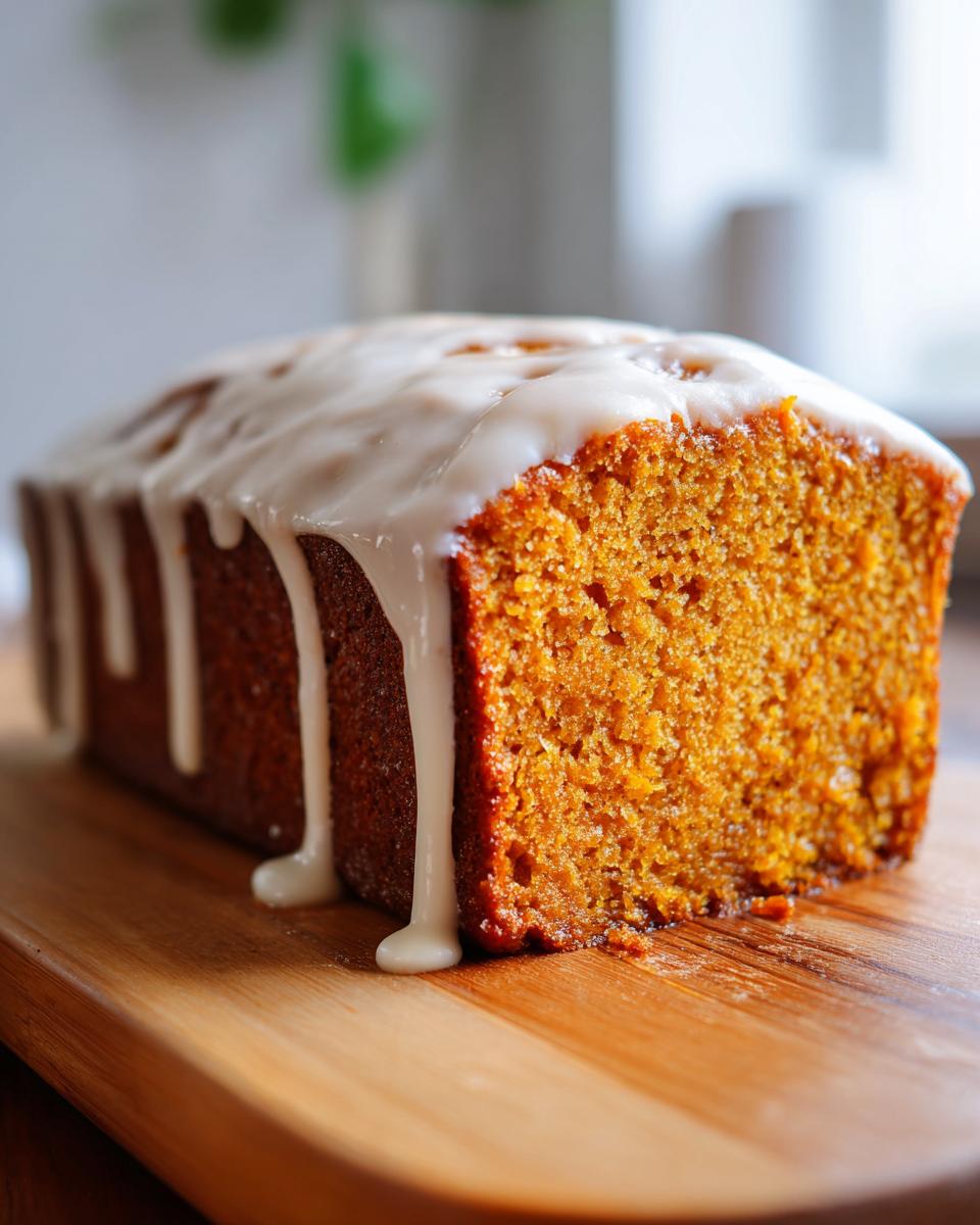 A close-up of a freshly baked sweet potato pound cake loaf topped with dripping vanilla glaze.