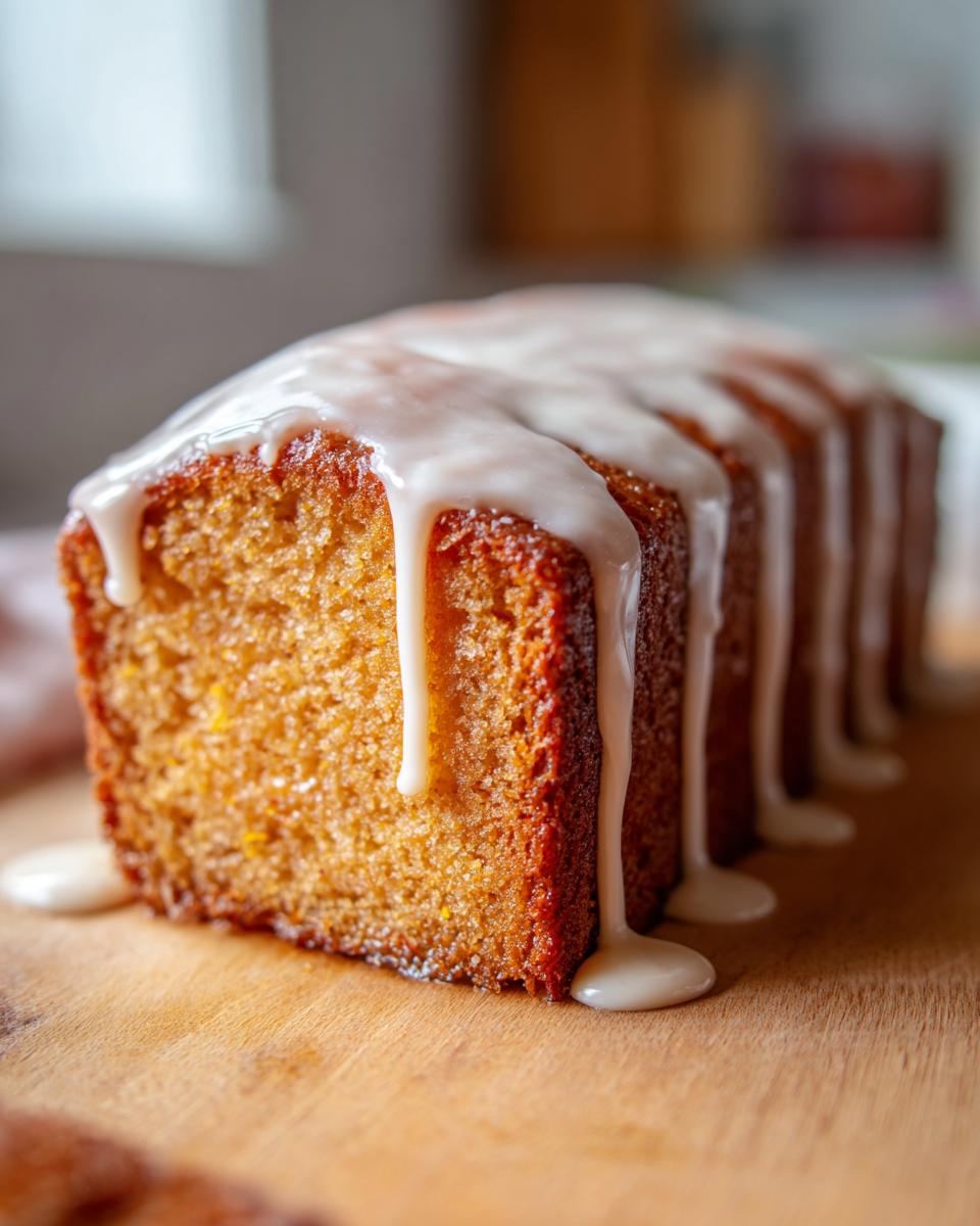 Close-up of a freshly baked sweet potato pound cake loaf drizzled with thick white glaze.