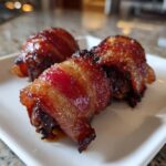 Three perfectly cooked, sticky, and caramelized bacon-wrapped dates served on a white square plate.