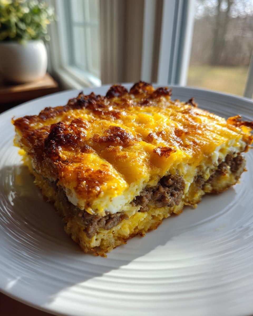 A square slice of tater tot breakfast casserole featuring crispy tater tots, sausage, egg, and melted golden cheese.