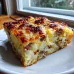 A square slice of tater tot breakfast casserole with sausage and a browned, cheesy top, served on a white plate.