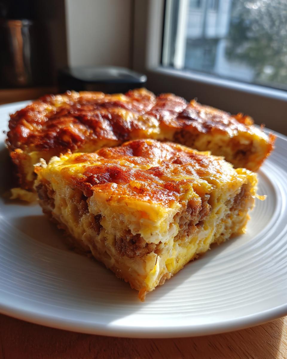 A square slice of tater tot breakfast casserole showing layers of egg, sausage, and a crispy, browned cheese top.
