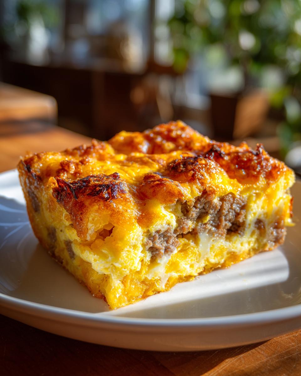 A close-up of a square slice of tater tot breakfast casserole with browned cheese and visible sausage layer.