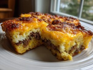 Close-up of two squares of tater tot breakfast casserole with sausage filling and melted cheese topping.