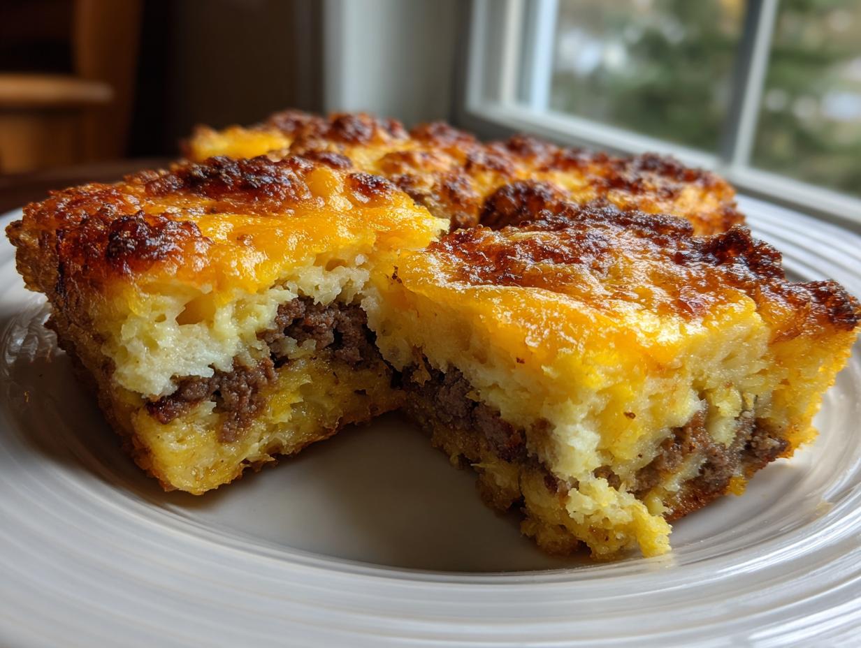 Close-up of two squares of tater tot breakfast casserole with sausage filling and melted cheese topping.