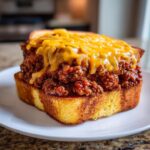 Close-up of a hearty serving of texas toast sloppy joes topped with melted cheddar cheese.