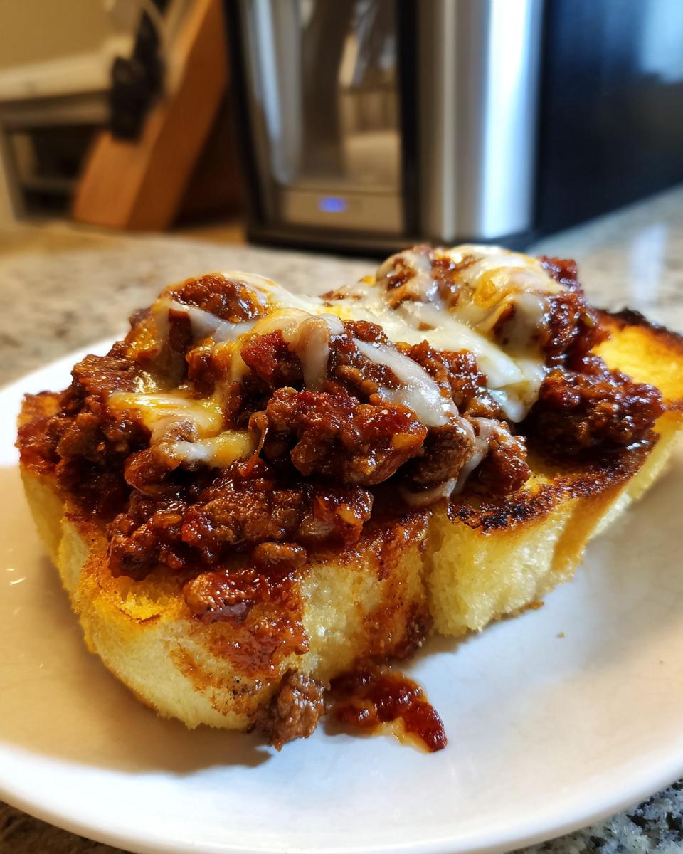 Close-up of a slice of toasted bread topped with savory meat sauce and melted cheese, a perfect texas toast sloppy joes serving.