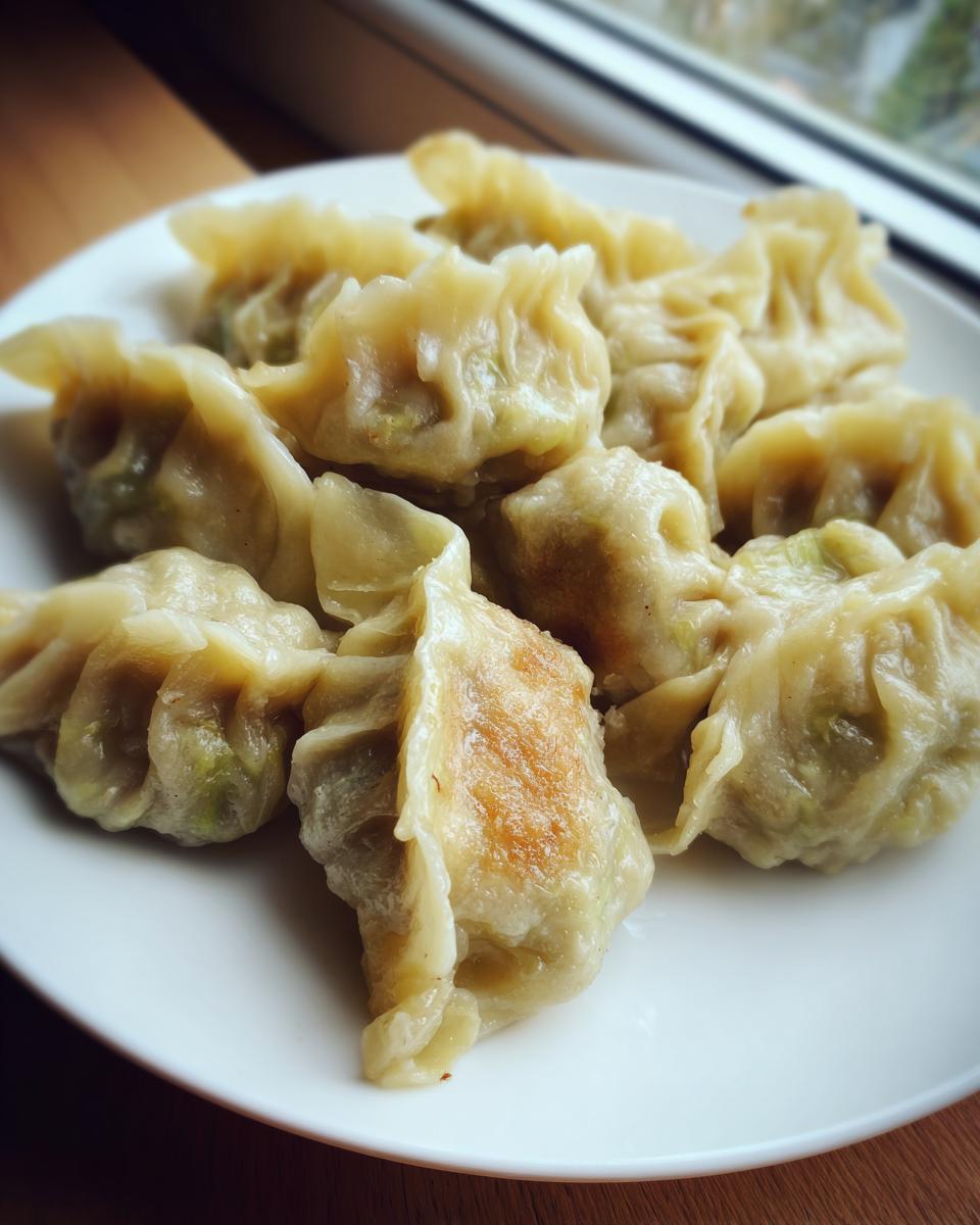 A close-up of freshly cooked Traditional Chinese Dumplings, some showing a light golden sear, served on a white plate.