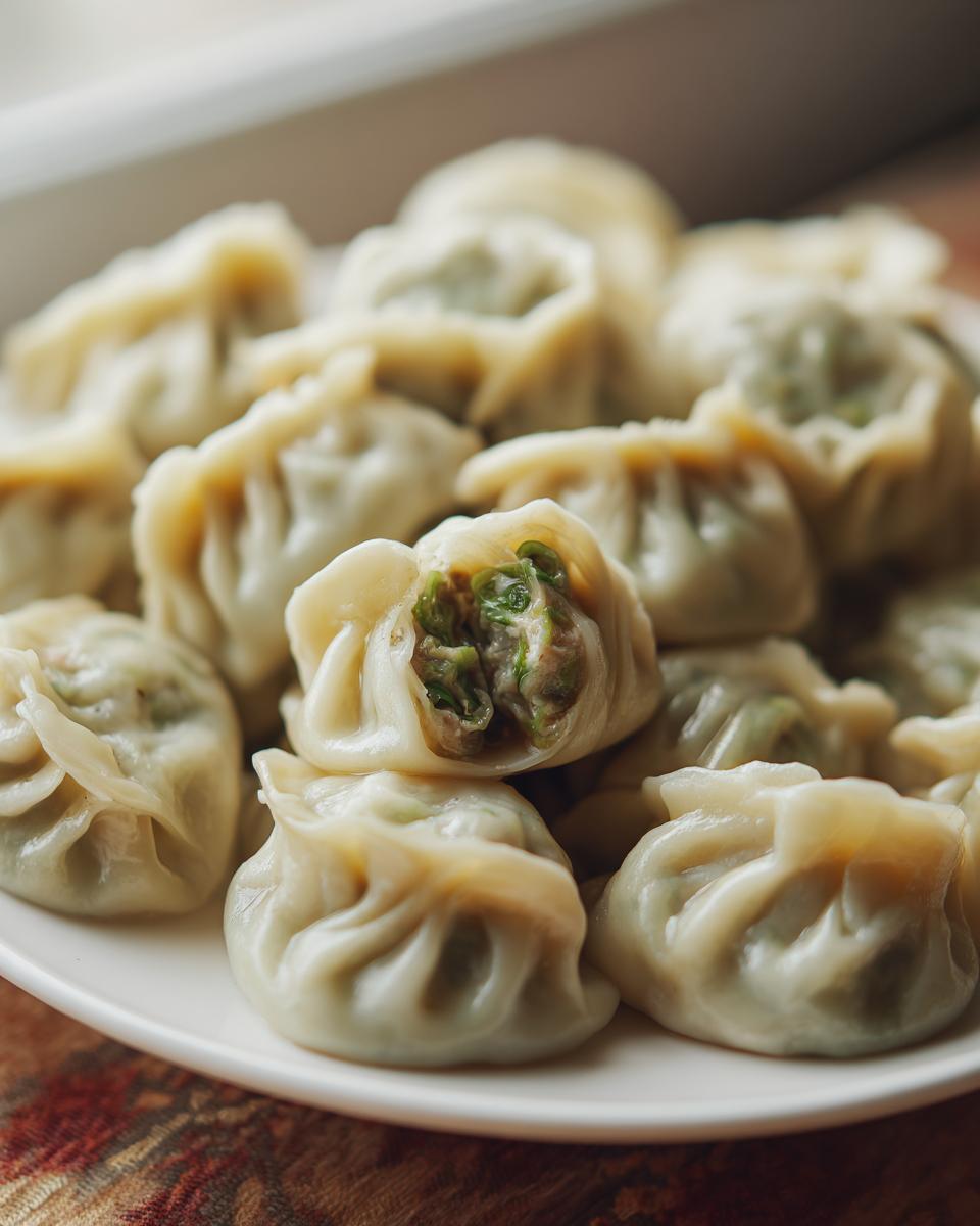 Close-up of a pile of steamed Traditional Chinese Dumplings, one showing a savory green filling.