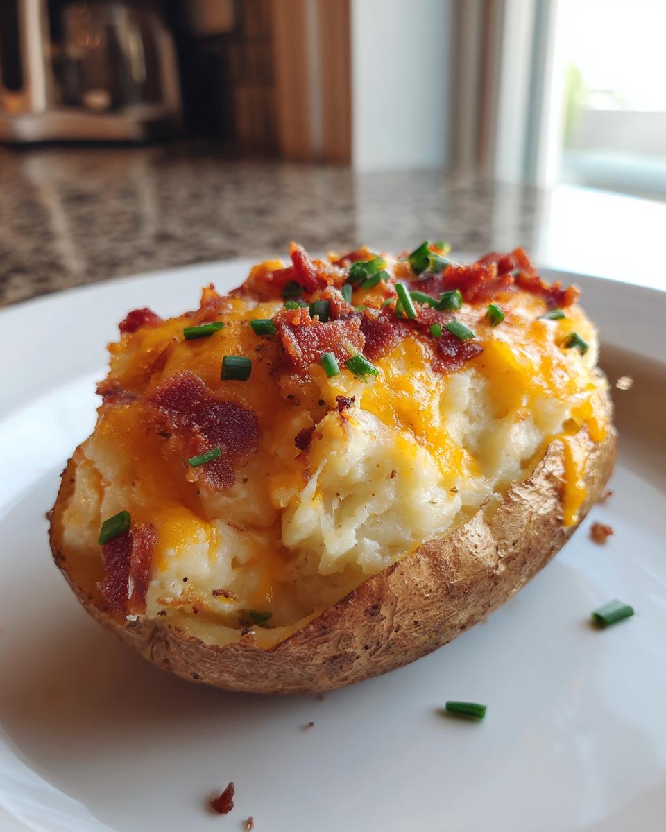 A single, perfectly prepared twice-baked potato topped with melted cheddar cheese, bacon bits, and fresh chives.