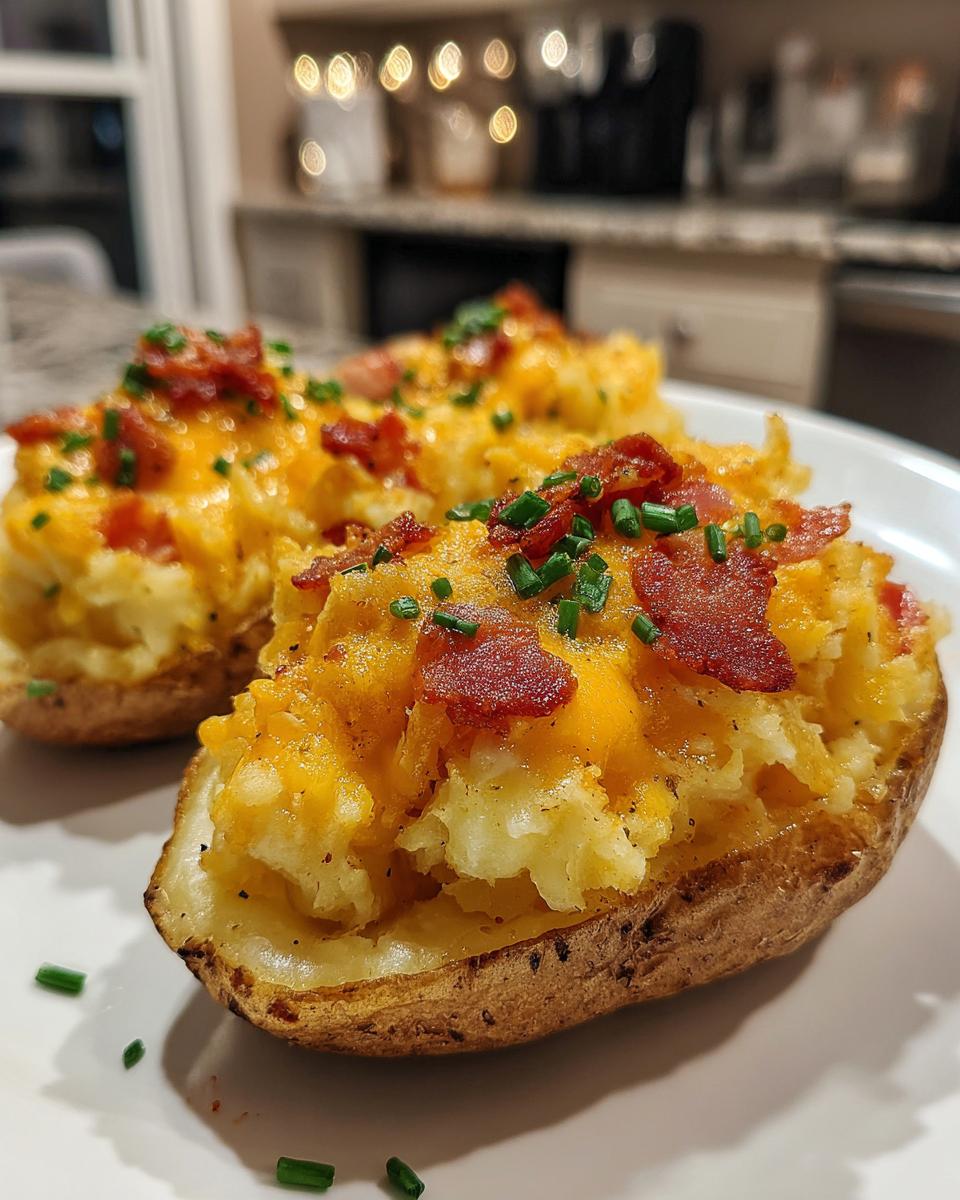 Three servings of loaded twice-baked potatoes topped with melted cheddar cheese, bacon bits, and fresh chives.