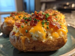 Close-up of a delicious twice-baked potato overflowing with melted cheddar cheese, bacon bits, and chives.