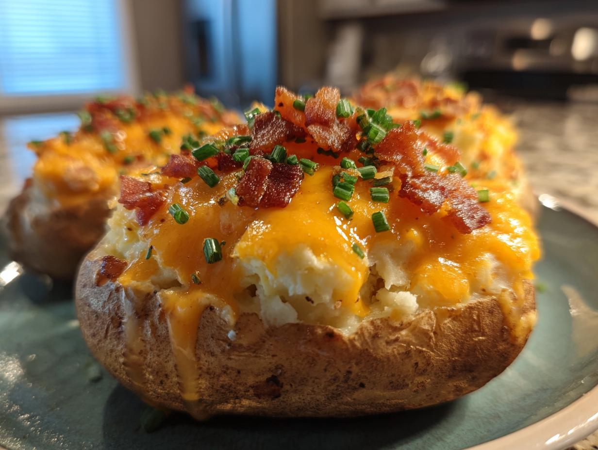 Close-up of a delicious twice-baked potato overflowing with melted cheddar cheese, bacon bits, and chives.