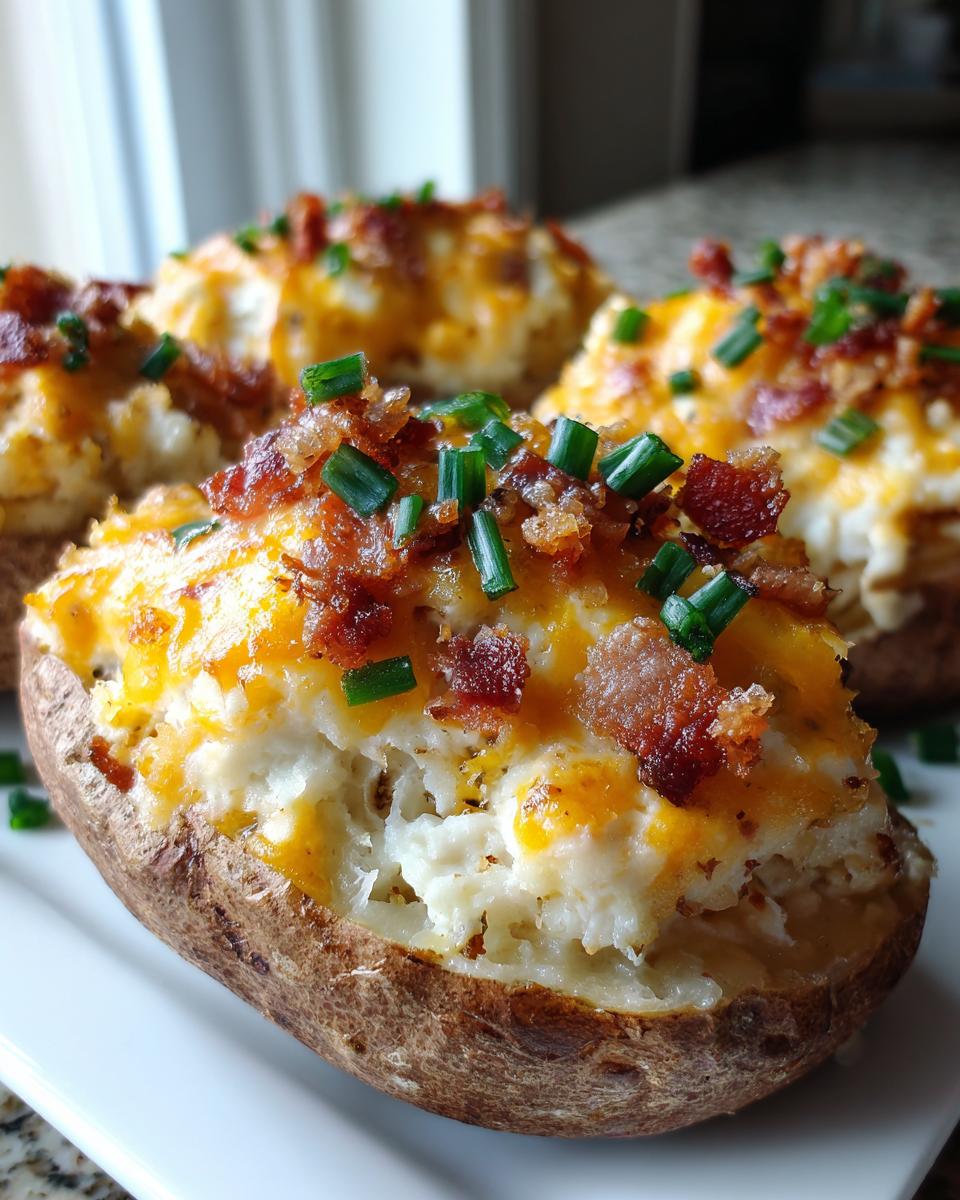 A close-up of delicious twice-baked potatoes, stuffed with creamy filling, melted cheddar cheese, bacon bits, and fresh chives.