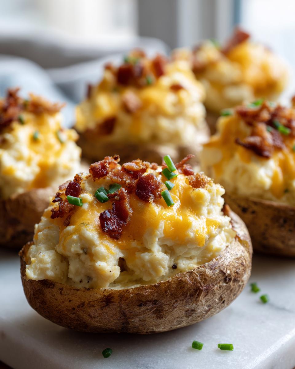 A close-up of a loaded twice-baked potato stuffed with creamy filling, topped with melted cheddar cheese, bacon bits, and chives.