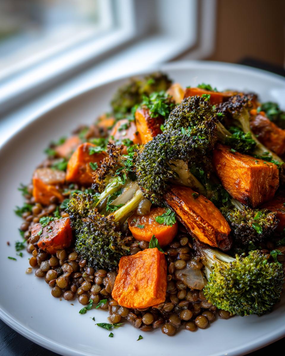 Close-up of a hearty veggie lentil salad featuring roasted sweet potatoes, charred broccoli, and lentils, garnished with parsley.