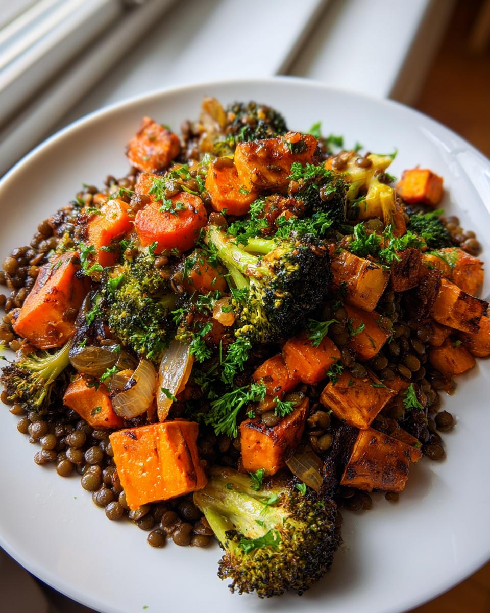 A close-up of a hearty veggie lentil salad featuring roasted sweet potatoes, charred broccoli, and lentils, garnished with parsley.