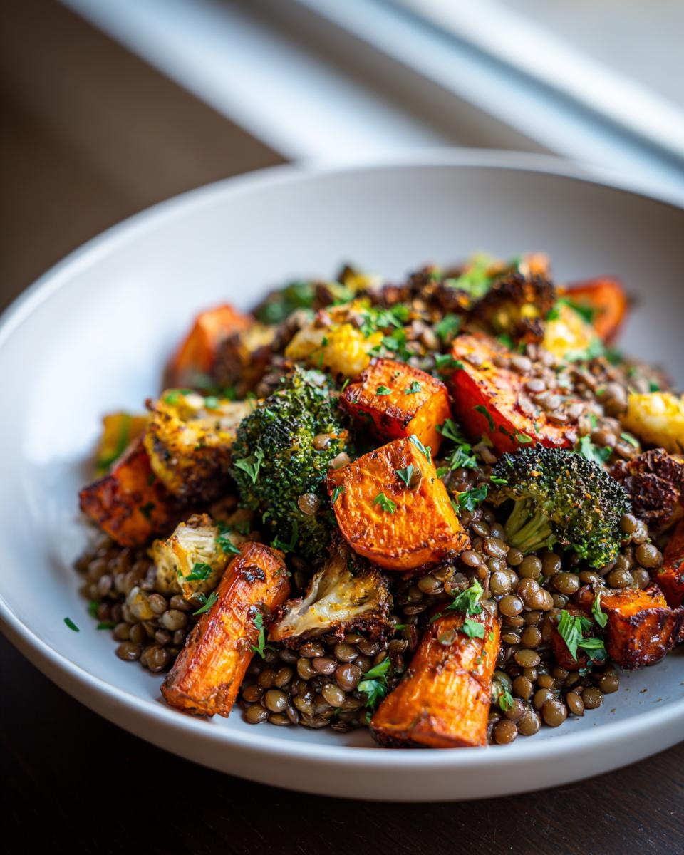 Close-up of a hearty veggie lentil salad featuring roasted carrots, broccoli, and lentils, garnished with parsley.