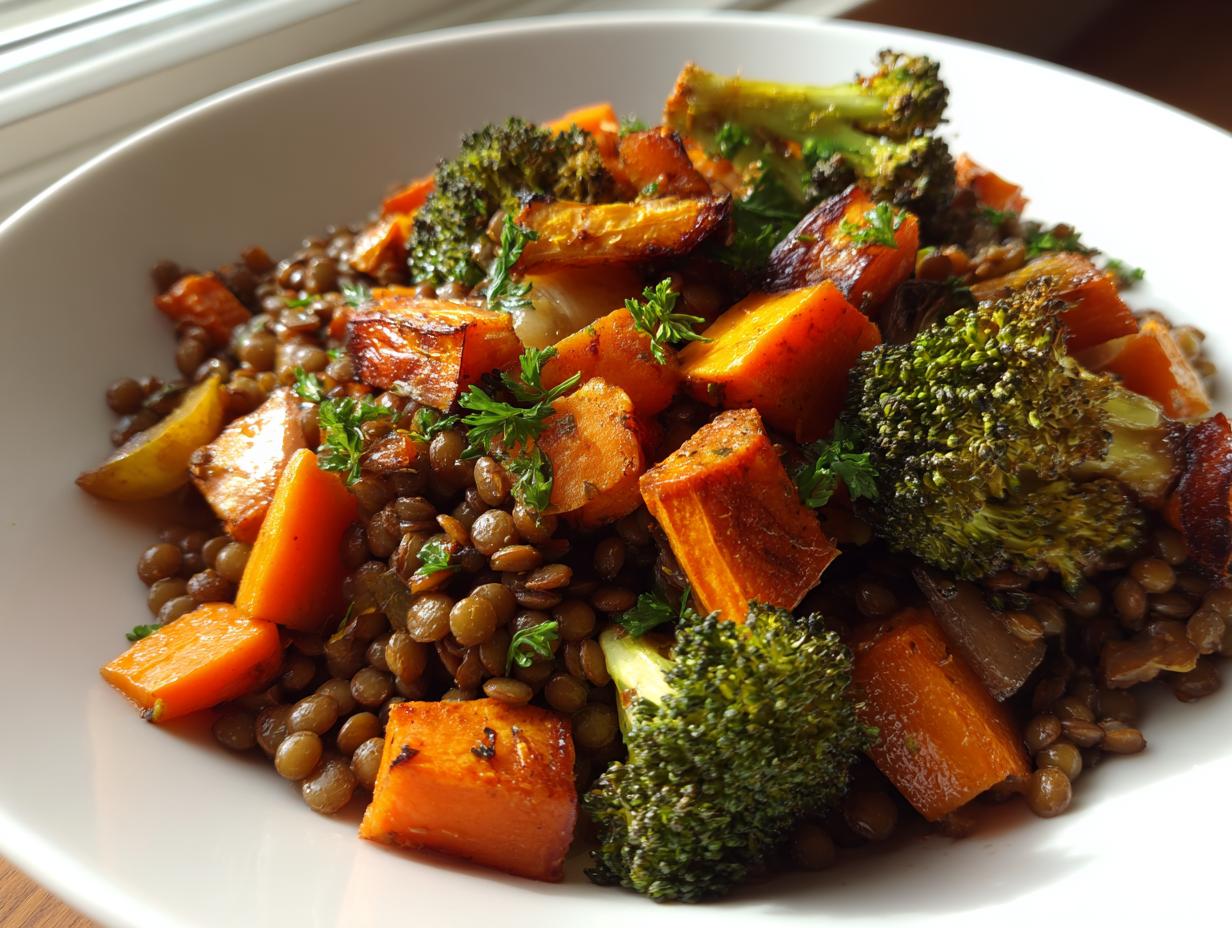 Close-up of a bowl of veggie lentil salad topped with roasted sweet potatoes and broccoli florets.