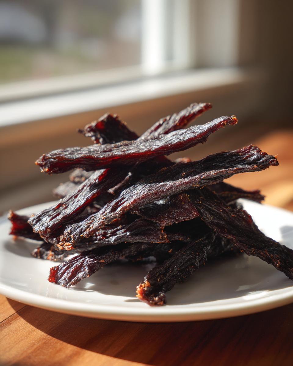 A close-up stack of dark, dried venison jerky slices resting on a white plate near a window.